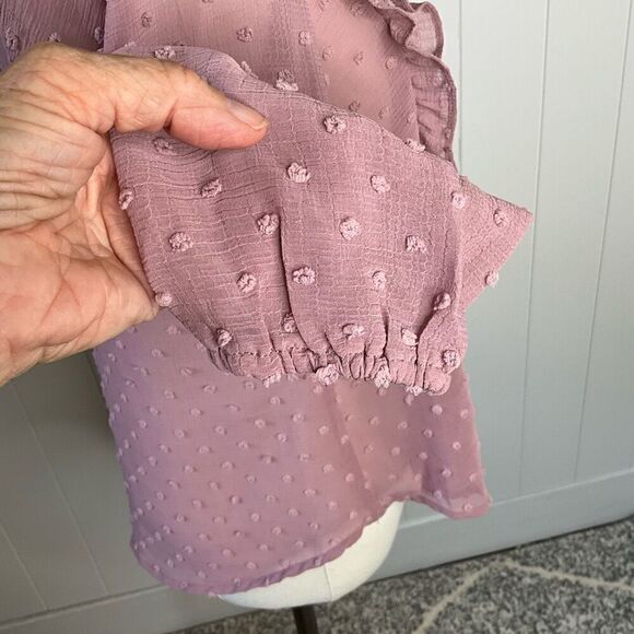 EM Womens Size Small Pullover Blouse Pink Dots Textured Ruffles Long Sleeves - Picture 7 of 14